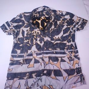 INC Mens XL Yellow Wave Linen Cotton Short Sleeve Button Down Shirt